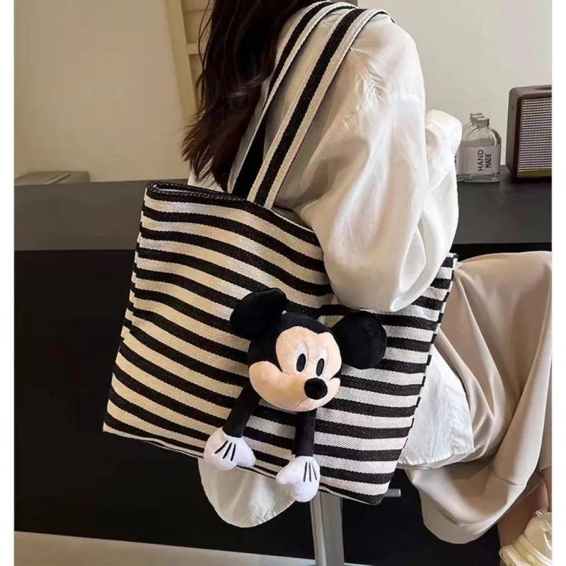 

New Disney Mickey And Minnie Large Capacity Striped Tote Bag For Women New Fashion Cute Cartoon Tote Bag Book Canvas Bag