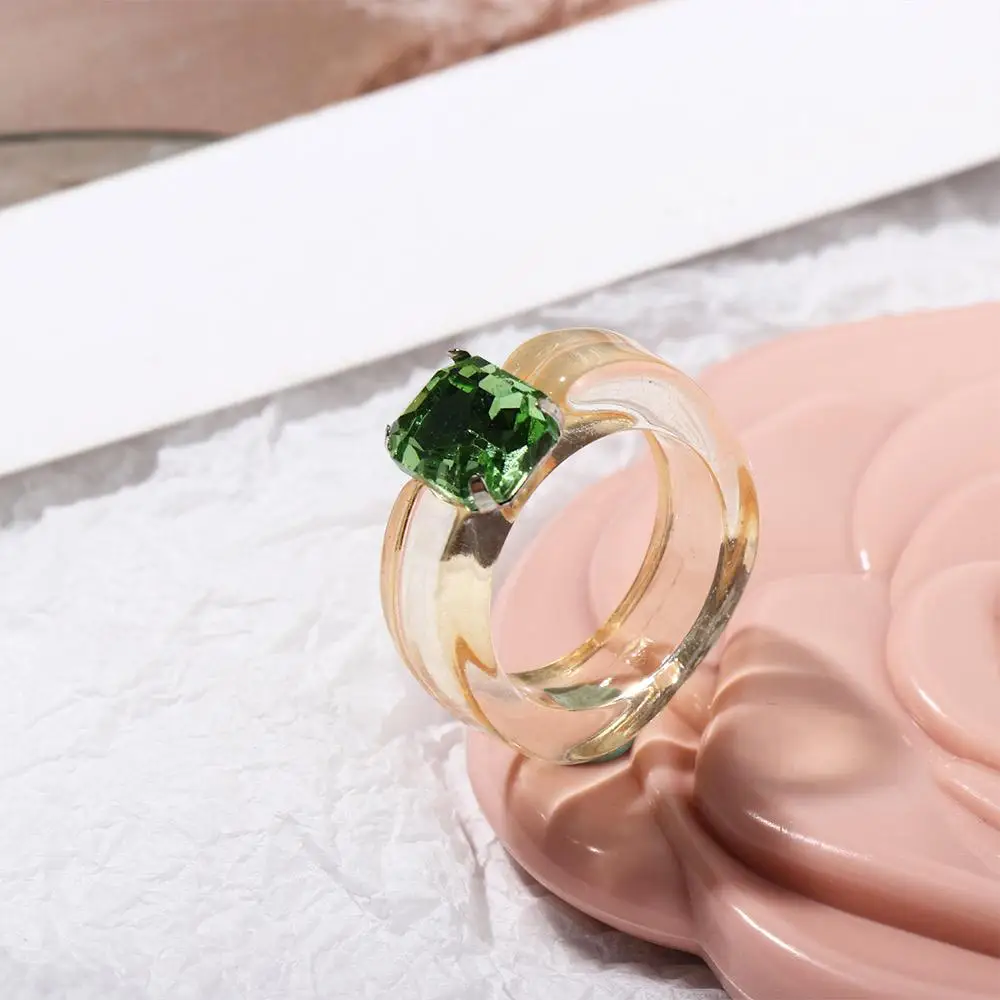 Elegant Retro Rhinestone Women Girls Jelly Color Resin Rings Finger Ring Transparent Fashion Jewelry