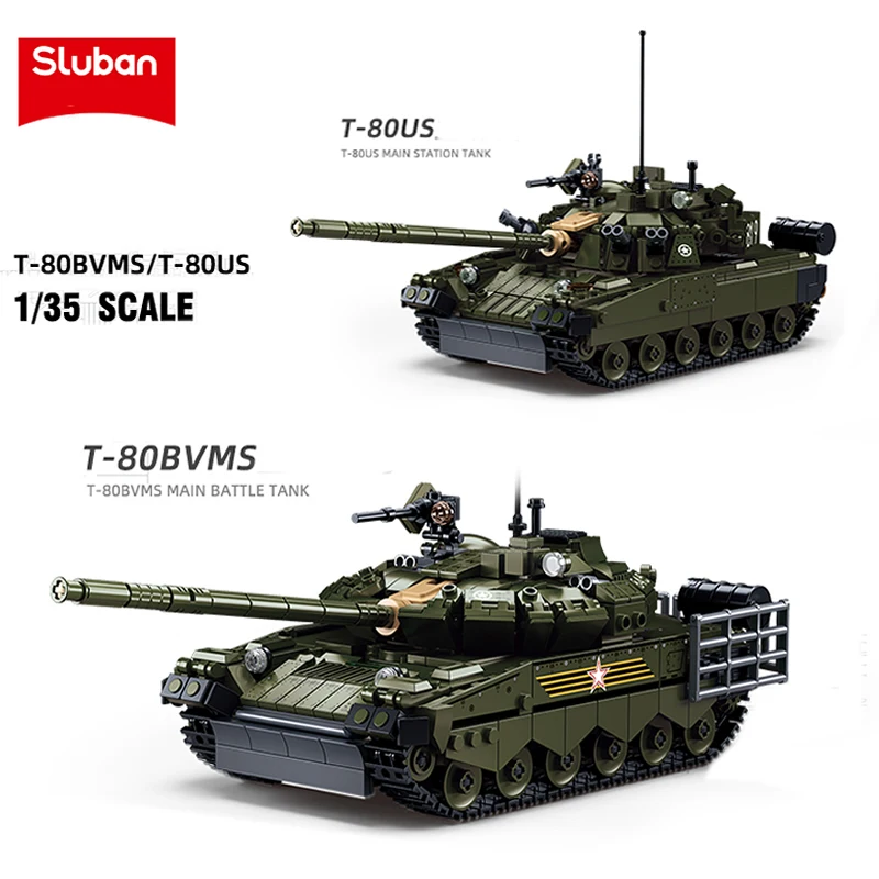 Sluban New WW2 Military Tank 2IN1 T-80US T-80BVMS Model Building Blocks Brick Soldiers Army weapon Kids Toys World War II 798PCS