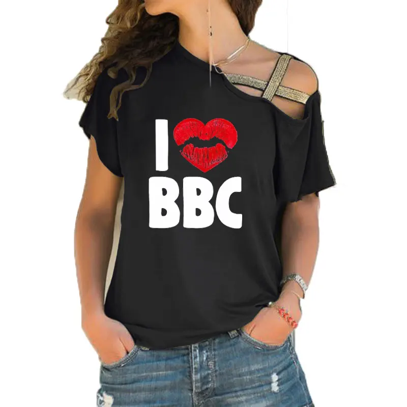 Women T-shirt Loose Slash Neck T Shirt Ladies Love BBC Lips Print T-shirt Summer Casual Irregular Skew Cross Bandage Tops