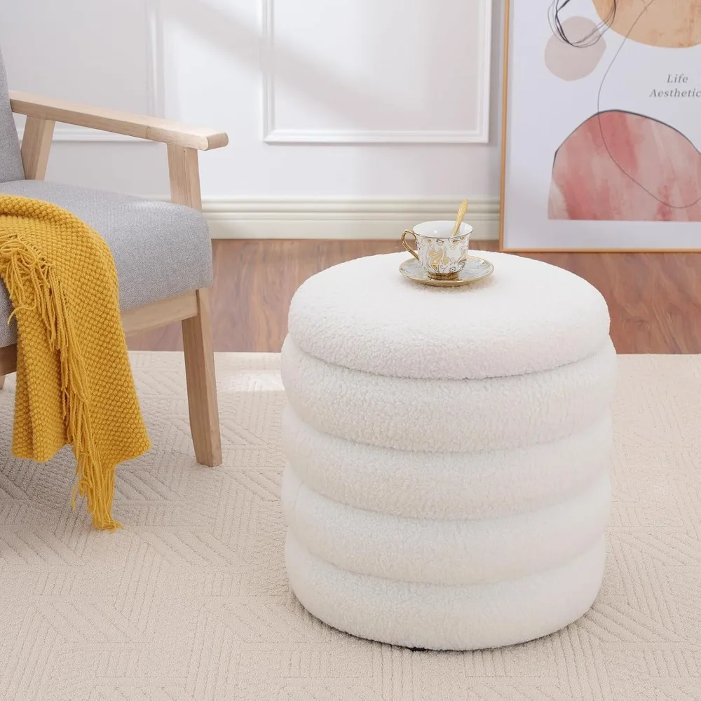 

Round Storage Ottoman for Dorm, White Sherpa Footstool with Lid, Vanity Stool, Customized