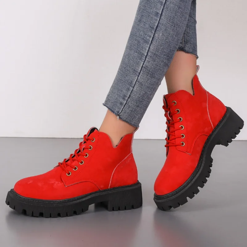 Women Boots 2022 New Fashion Women\'s Boots Lace Up Ladies Shoes for Women Red Round Head Ankle Boots Femeal Mujer