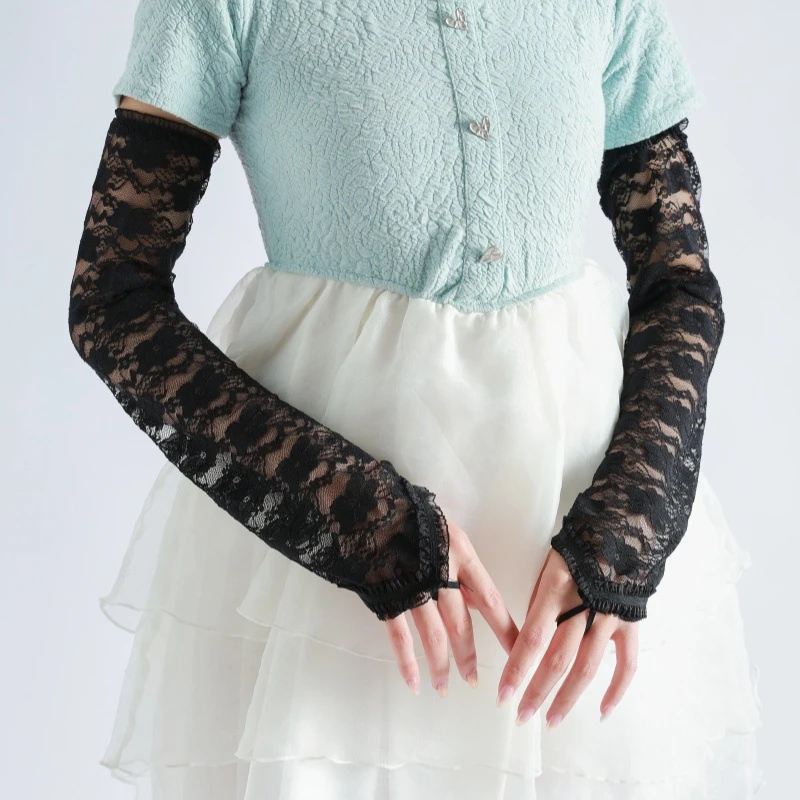 ロングフィンガーレス花柄レース手袋弾性通気性シアーメッシュアームスリーブ運転サイクリング旅行ビーチグローブ