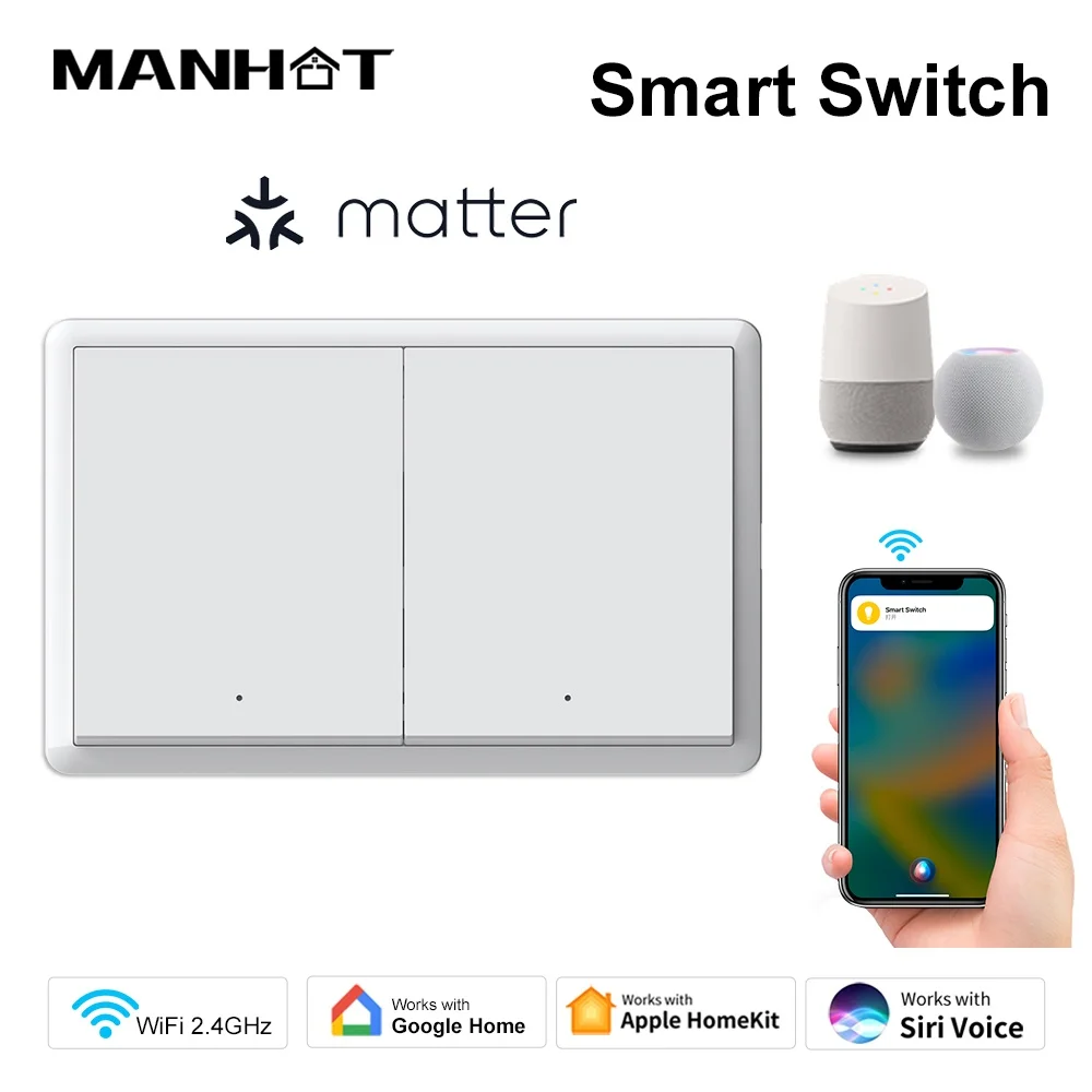 Smart Life Matter WiFi Light Switch No Neutral Wire &Neutral Wire US Push Button Physical Wall Switch for Alexa Google Home