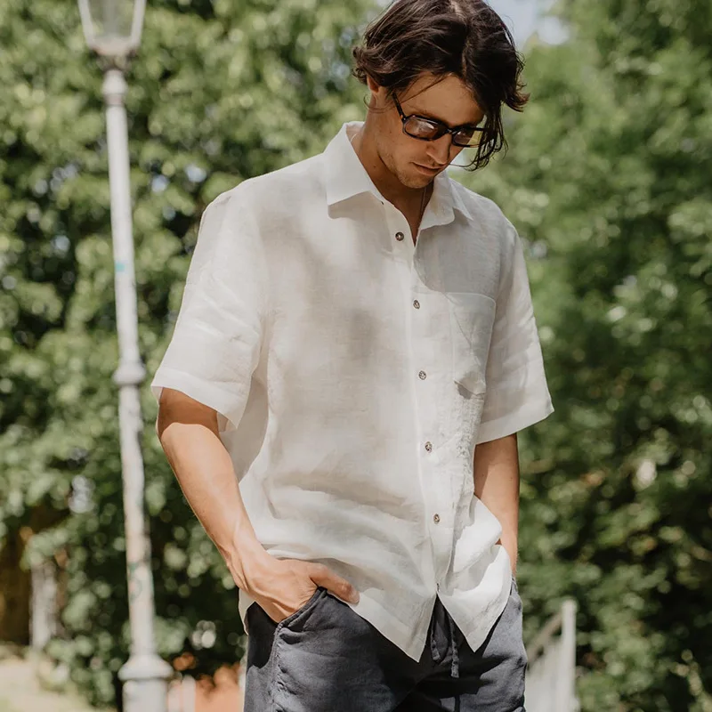 

100% Linen Men's Short Sleeved Shirt Office Lapel Collar Tops 2026 Summer New Casual Loose Vacation Cool And Breathable Shirts
