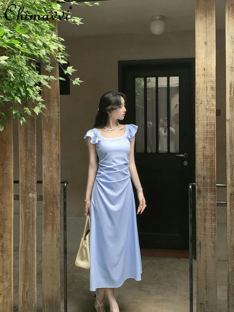

French Style Temperament Elegant Socialite Square Neck Flying Sleeve High Waist Pleated Slim A-line Blue Long Dress Women Summer