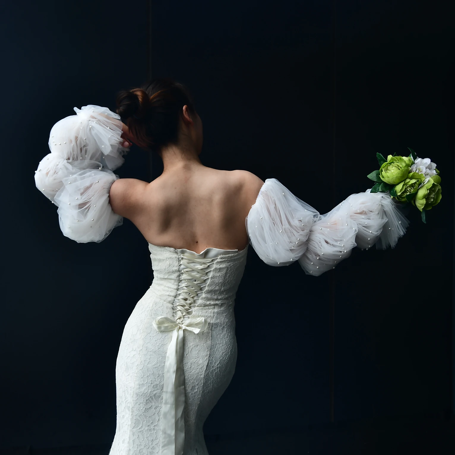 حجاب الزفاف بأكمام منتفخة قفازات زفاف مرصعة باللؤلؤ أبيض عاجي إكسسوارات الزفاف مناسبة لاستقبال الزفاف GM28 #4