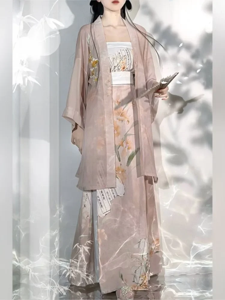 Hanfu ชุดคอสเพลย์ผู้หญิงปักแบบดั้งเดิมของผู้หญิงชุดเดรสสไตล์จีนนางฟ้าระบายอากาศได้สำหรับฤดูร้อนชุดเต้นพื้นบ้าน