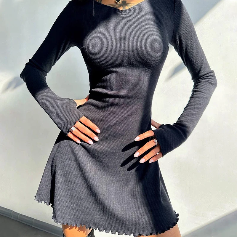 Solid Black Casual Long Sleeve Mini Dress Women Streetwear A-line Bandage Stretch spring O-neck Short Dress Spring