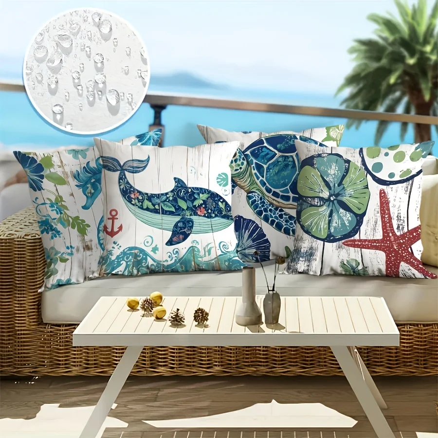 Boho Nautical Ocean Print Pillow Set of 4 Polyester Cushion Covers Sea Turtle Seahorse Coral Marine Life Throw Pillow Decoration