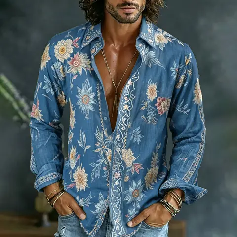 New Carbon Black Full Width Gold Flower Branch Vine Cuff Decoration Men's Retro Collar Long Sleeved Shirt Clothing