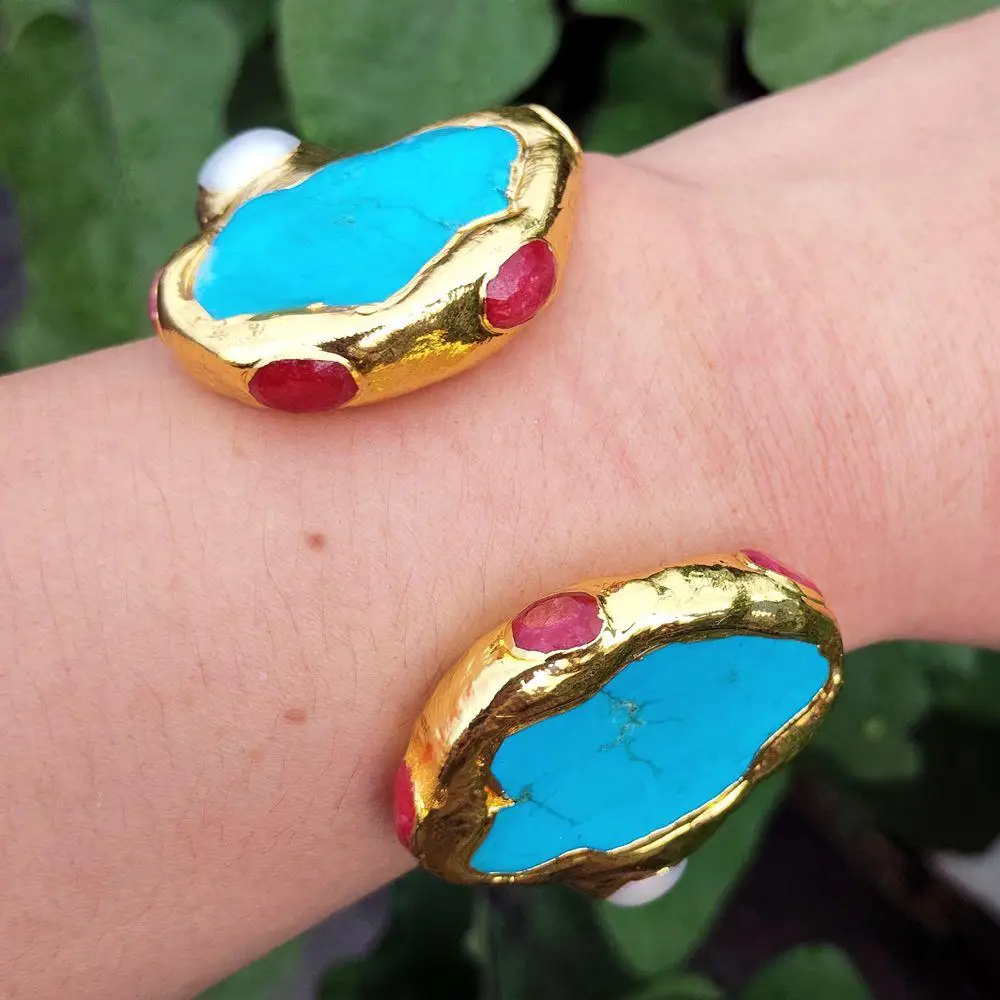 

28x35mm Blue Turquoise Red Jade White Pearl Bangle Cuff Bracelet Gold Color For Women