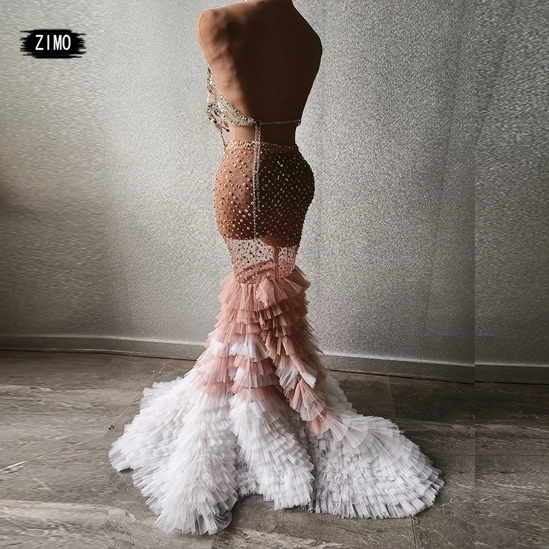 luxury 2023 mermaid fringe dress sequin pearl rhinestones Glitter sexy see through birthday party stage Celebrate two piece suit