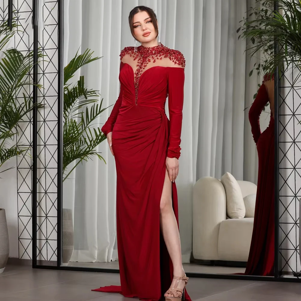 

Elegant Women's Mermaid Evening Dresses High Neck Appliques Robe De Soirée Customized Long Sleeve Prom Gowns Vestidos Para Mujer