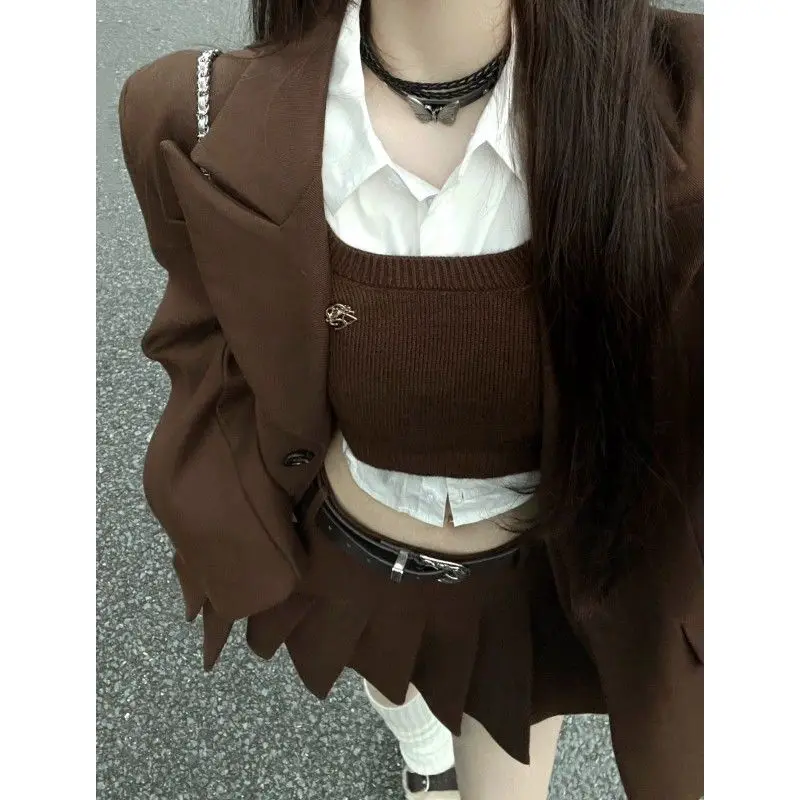 Women'S Four Pieces Sweet Cool Girl Design Sense Vintage Brown Single Breasted Blazer Vest High Waist Pleated Skirt Short Shirt