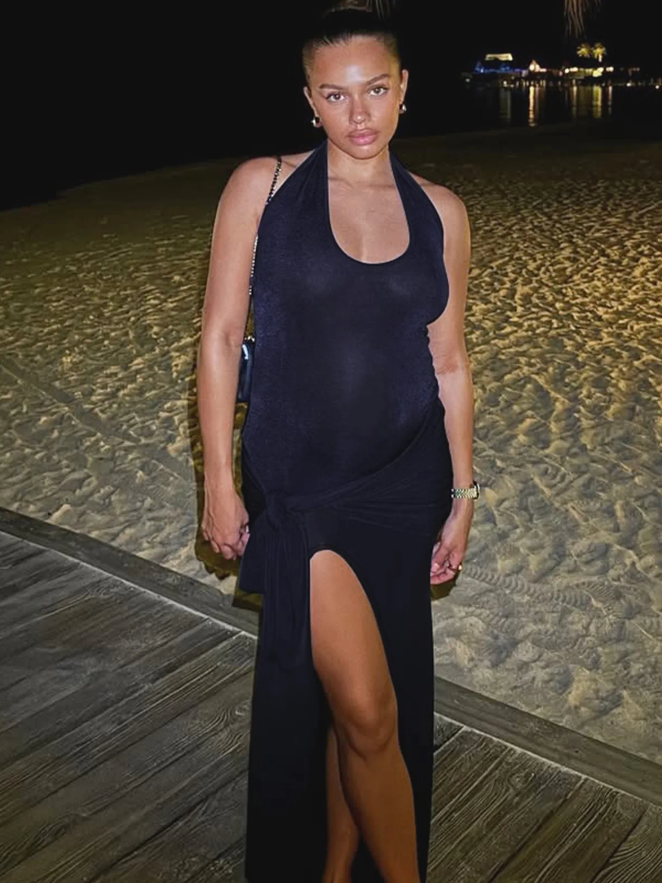 2025 Nuovo Sexy Estate Aderente Moda Donna Solido Senza Maniche Lace Up Bow Halter Tank Mini Abiti Eleganti Slim Split Abiti