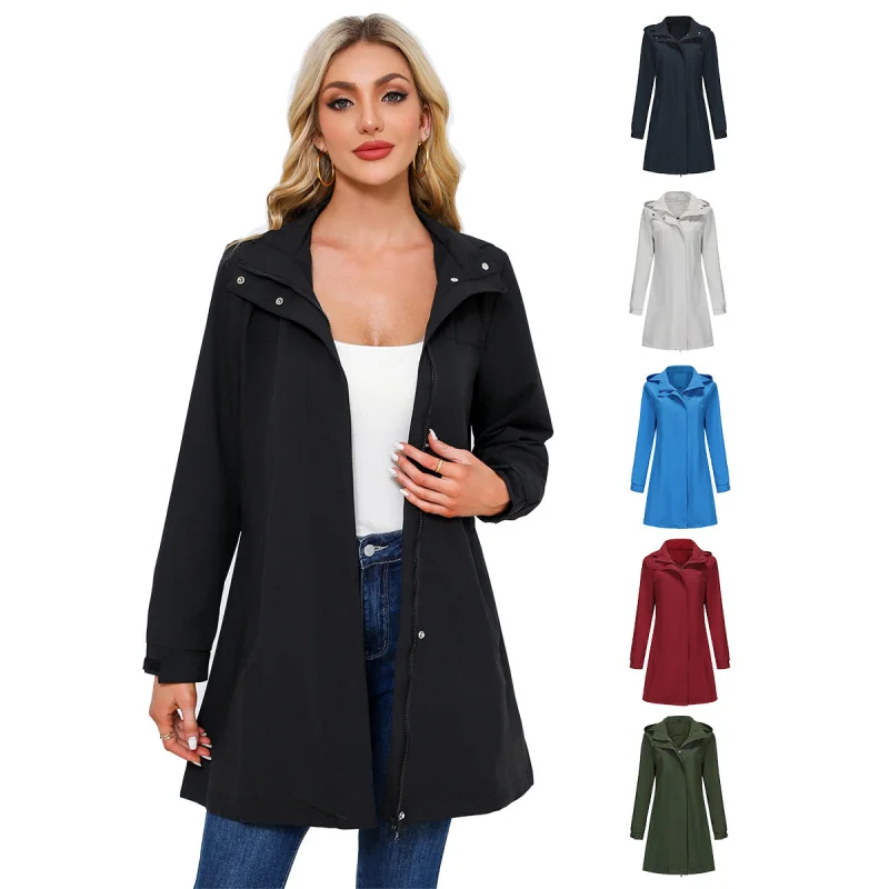 Spring and Autumn detachable hat waterproof windbreaker women solid color long sleeve thin coat casual women's wear