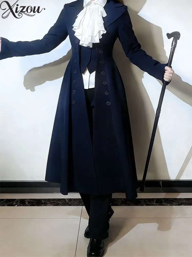 Gothic Lolita Long Wool Coat Elegant Dark Blue Prince Style Flared Hem Trench Jacket Women Autumn Winter Button Waist Cinching