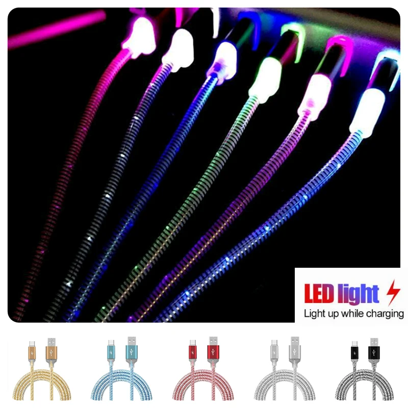 LED Lumines Spiral Cable For iPhone Android Type-c Fast Charge USB Data Cable Android Microusb Charging Cable Mobile Phone Cable