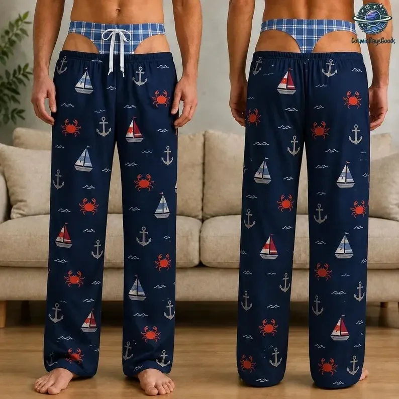 Fun Men's Navy Blue Sailboat Crab Anchor Buckle Rear Hip Flip Fun Beach Holiday Elastic Drawstring Casual Loose Pants