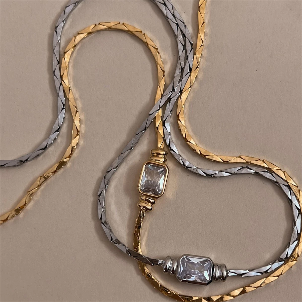 Stainless steel braided chain, zircon necklace, flat snake chain, plated with 18K gold for color preservation