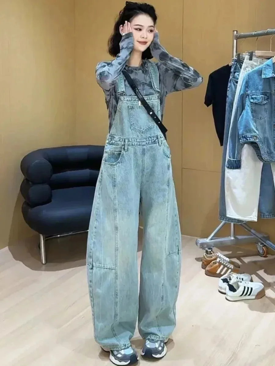 New 2025 Vintage Retro Denim Long Jumpsuit Casual Strap Straight Romper Suspender Pants Summer Baggy Bib Loose Overalls Wh1