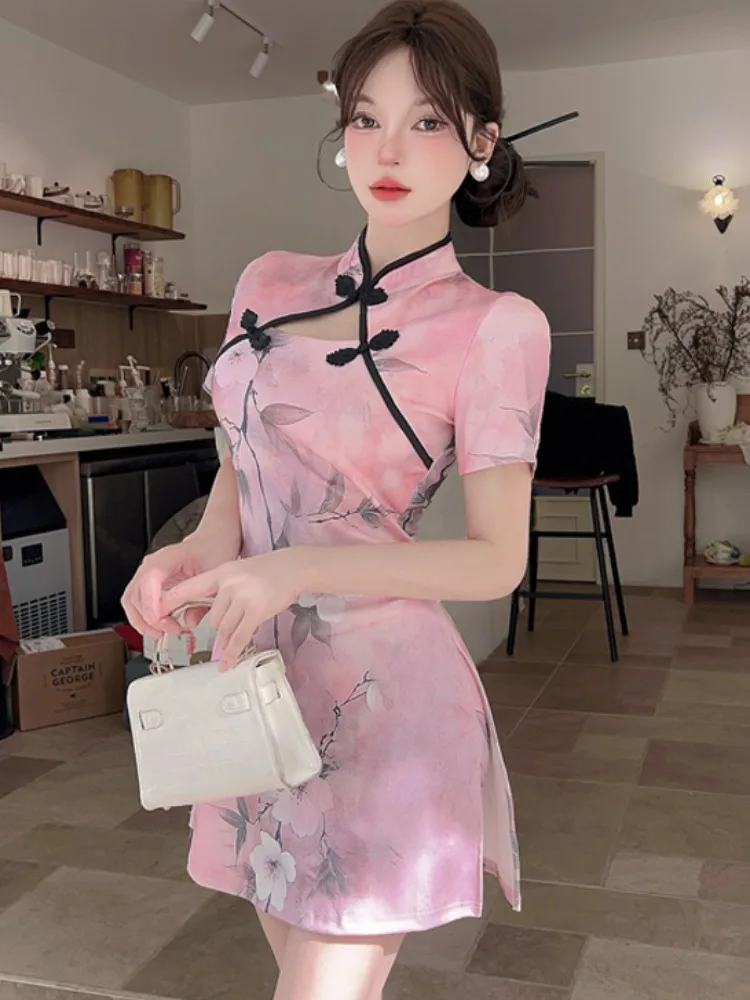 

New Chinese Sle National Trend High-End Young Model Printed Waist-Cinching Bodycon Improved Dr ort Sve