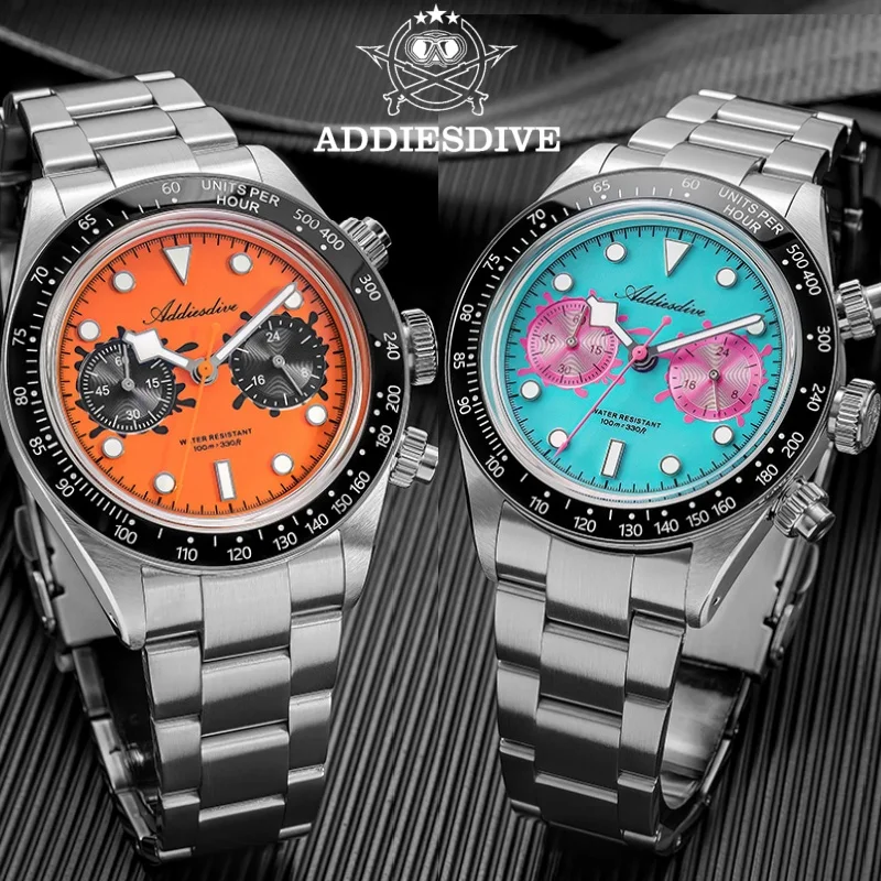 

Часы ADDIESDIVE TOP Watch "Paint Bucket" мужские с хронографом VK64, светящиеся в темноте, из стали 316L, водонепроницаемые до 10 бар, 40 мм, кварцевые часы.