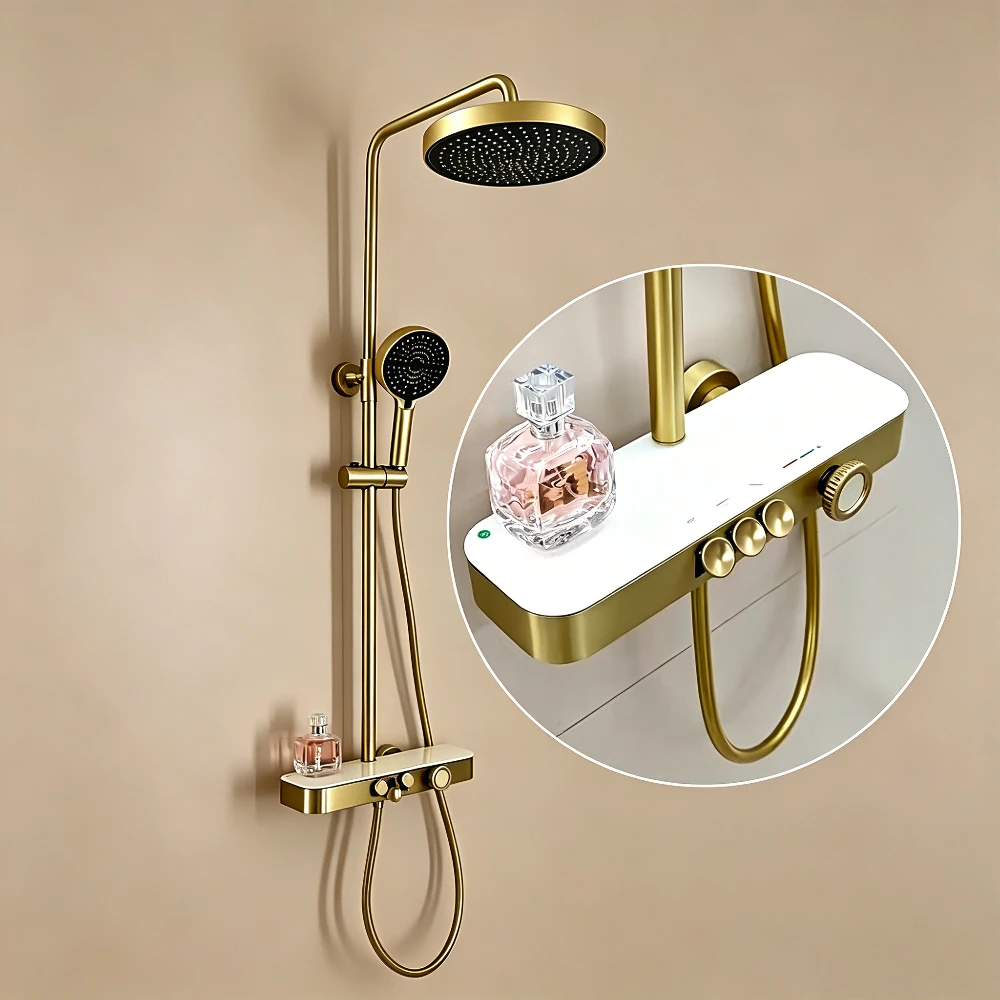 Gold Brass Shower Mixer Crane with Hand Shower Set Wall Mounted Bathroom Shower Faucet Set 3-way Rainlfall Showers System Set