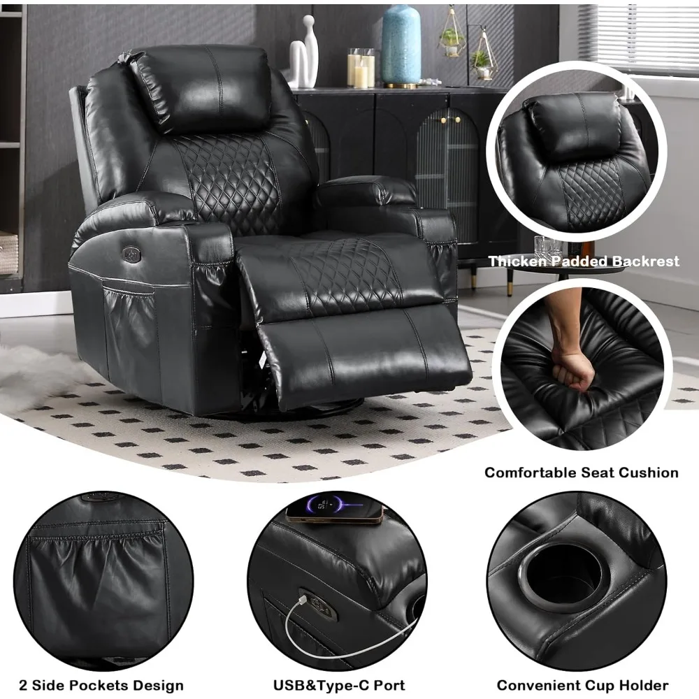 Power Swivel Rocker Recliner Chair for Adults  with Heat and Massage Cup Holder LED Lights USB & Type-C Ports,Living Room Chairs