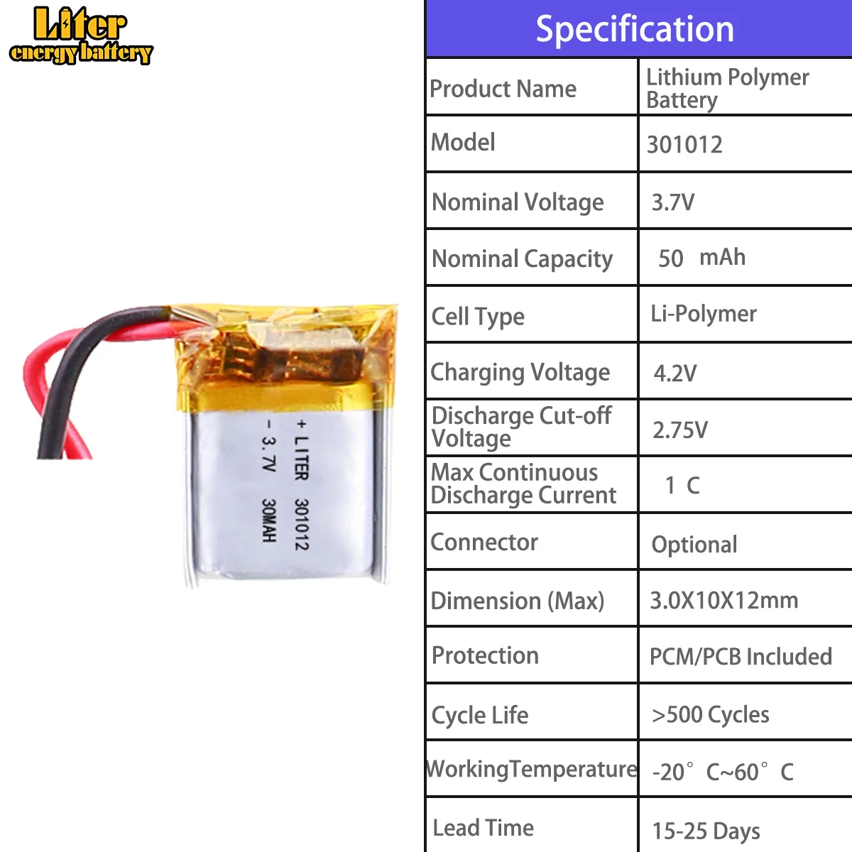 301012 （50mah）301020（40mah）301020（60mah）301025（55mah）301048（200mah）Polymer Li-Po Batteries | Multiple Capacities Available