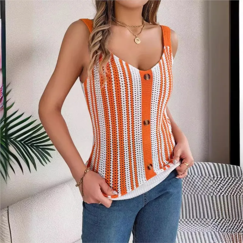 

Spring And Summer V-neck Button Contrasting Hollow Knit Sweater, Vacation Camisole Top, Women's Sleeveless Slim Fit Sweater Vest