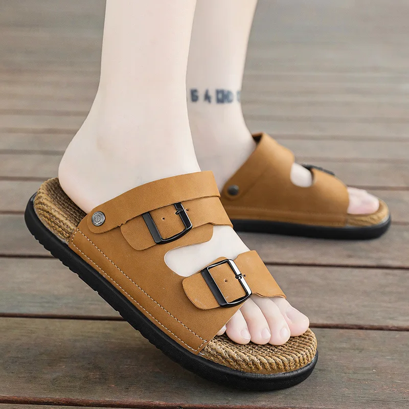 Men's PU Leather Slide Sandals Adjustable Double Buckle Slippers EVA Textured Footbed Comfortable Casual Summer Shoes