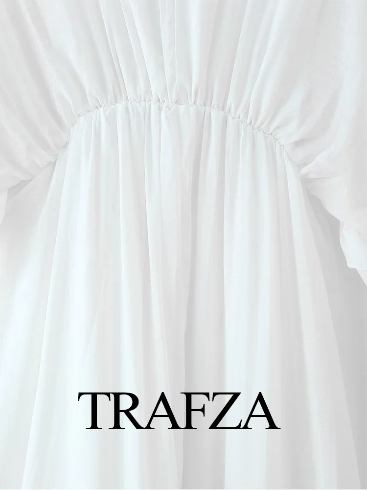 TRAFZA Summer Women's Fashion Solid V-neck Midi Short Sleeve Long Dress Female Casual Ruffle Edge Pleated Sexy Waist Dress