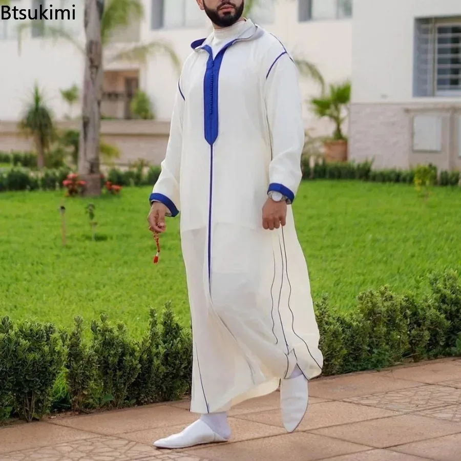 Novo 2024 muçulmano jubba thobe roupas dos homens com capuz ramadan robe kaftan abaya dubai turquia roupas islâmicas masculino casual solto robe