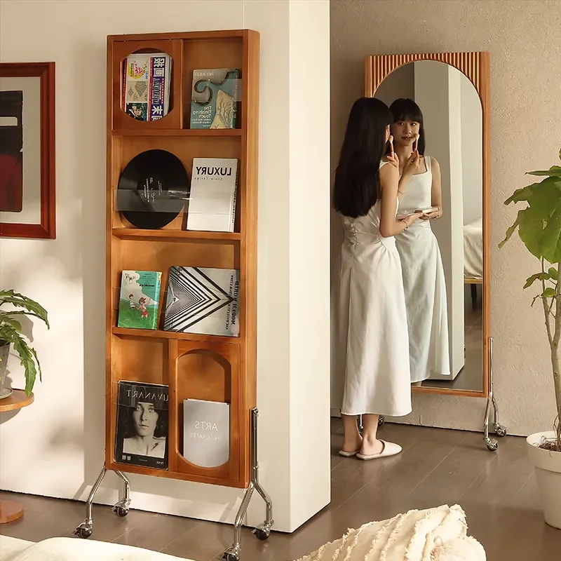 for Medieval Style Full Body Mirror Furniture Movable Rotating Solid Wood Rack Cabinet Integrated Floor Partition Dressing