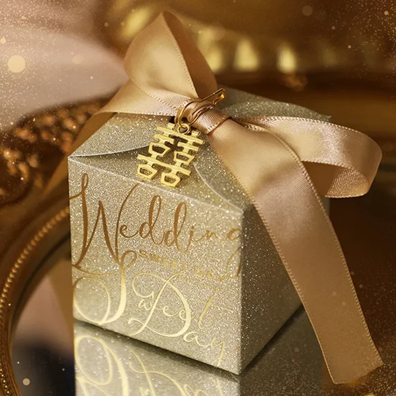 New 10pcs/Lot Wedding Candy Box With Pearl Ribbon Bow High-End Gift Chocolate Box High Quality Glitter Powder Shell Gift Boxs image 5