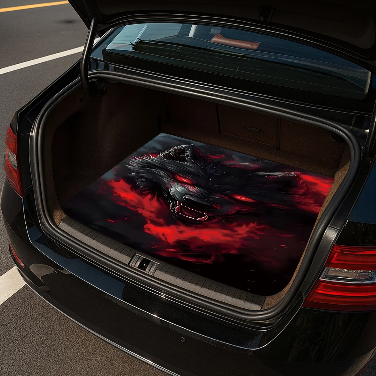 1pc Flame Black Wolf Roar Pattern Car Trunk Mat | Durable Polyester, Keeps Trunk Dry And Clean, Adds Wild Dark Power To Your Veh