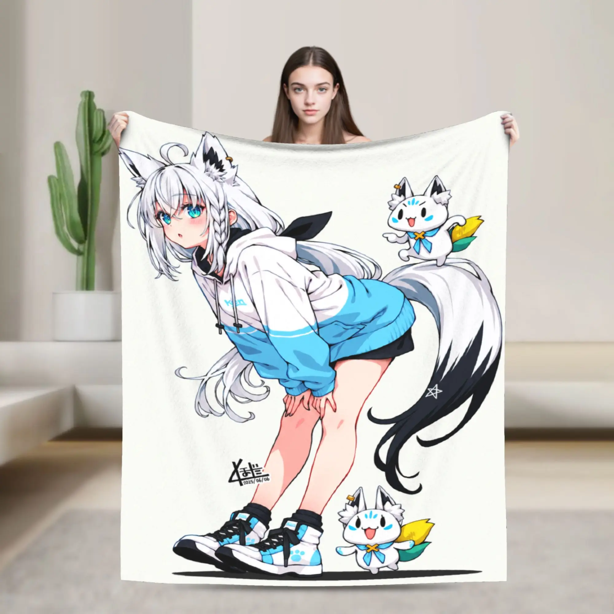 Hololive Gamers Shirakami Fubuki Blankets  Warm Soft Print Plush Throw Blanket For Child Home Decor Flannel Bedspread Bed Cover