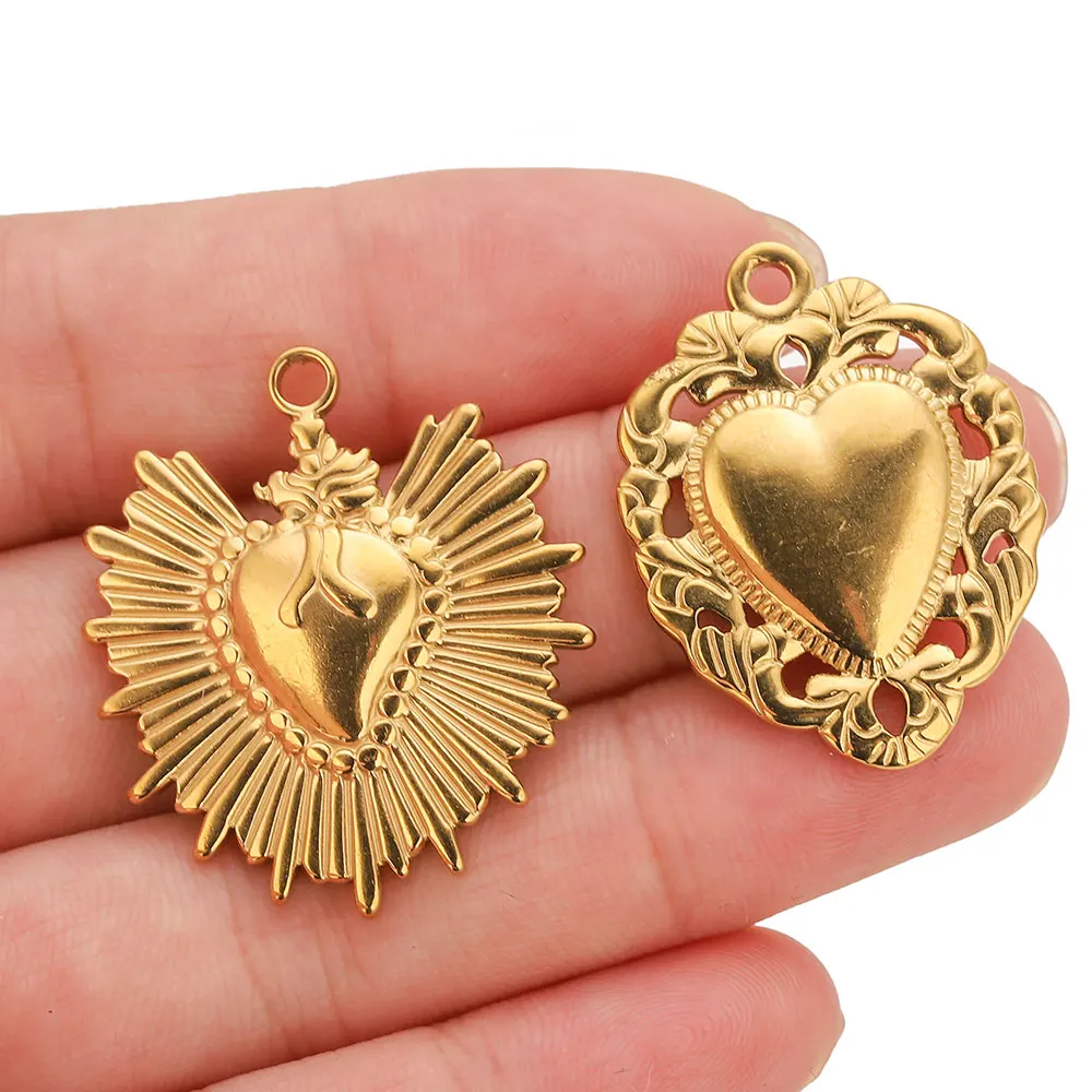 5pcs Stainless Steel Heart Sun Charms Connectors Gold-Plated PVD for DIY Necklaces Bracelet Jewelry Making Accessories Wholesale