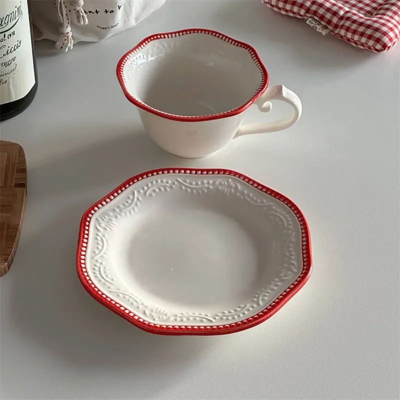 

High Grade Red Edge Coffee Cup and Saucer Relief Design High Quality Dessert Plates Under Glazed Color Small Ceramic Cups
