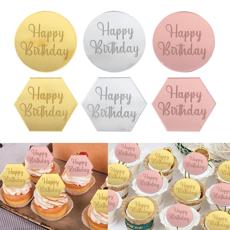 10pcs Acrylic Gold Silver Rose Gold Happy Birthday Round Hexagon Cake Toppers Decoration Paper Dessert Birthday Party Decoration