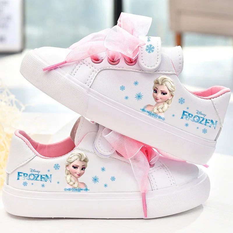 Disney autumn new girls pu shoes children\'s casual white shoes Korean version of the wild elementary school sports shoes