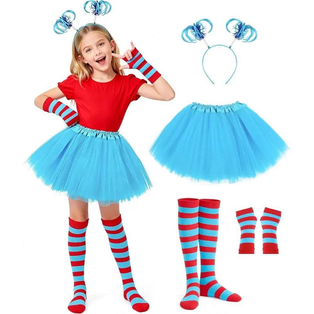 

4PCS Character Costumes for Kids Halloween Cosplay Set with Blue Skirt Headband Blue Red Striped Gloves and Knee High Socks