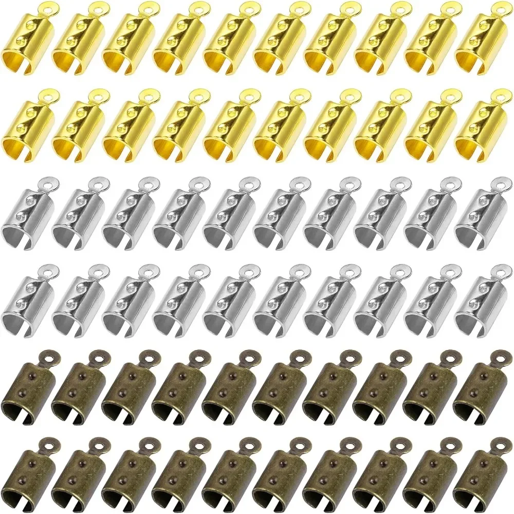 150pcs Fold Over Ends Cord End Caps Tips Crimps Leather Ribbon Clamp Fold for Jewelry Making Necklace Cord DIY Craft