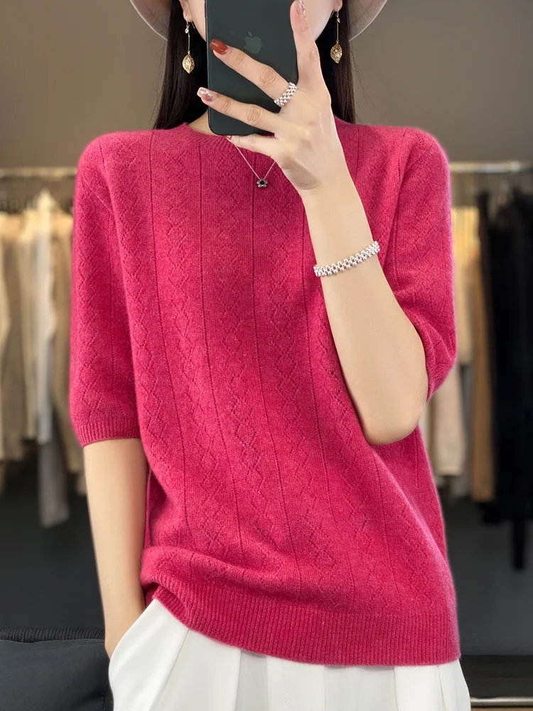 100% Merino Wool Women\' Sweater Spring Summer O-Neck Diamond Solid Color Hollow Out Solid Color Pullover Short Sleeved Soft Tops