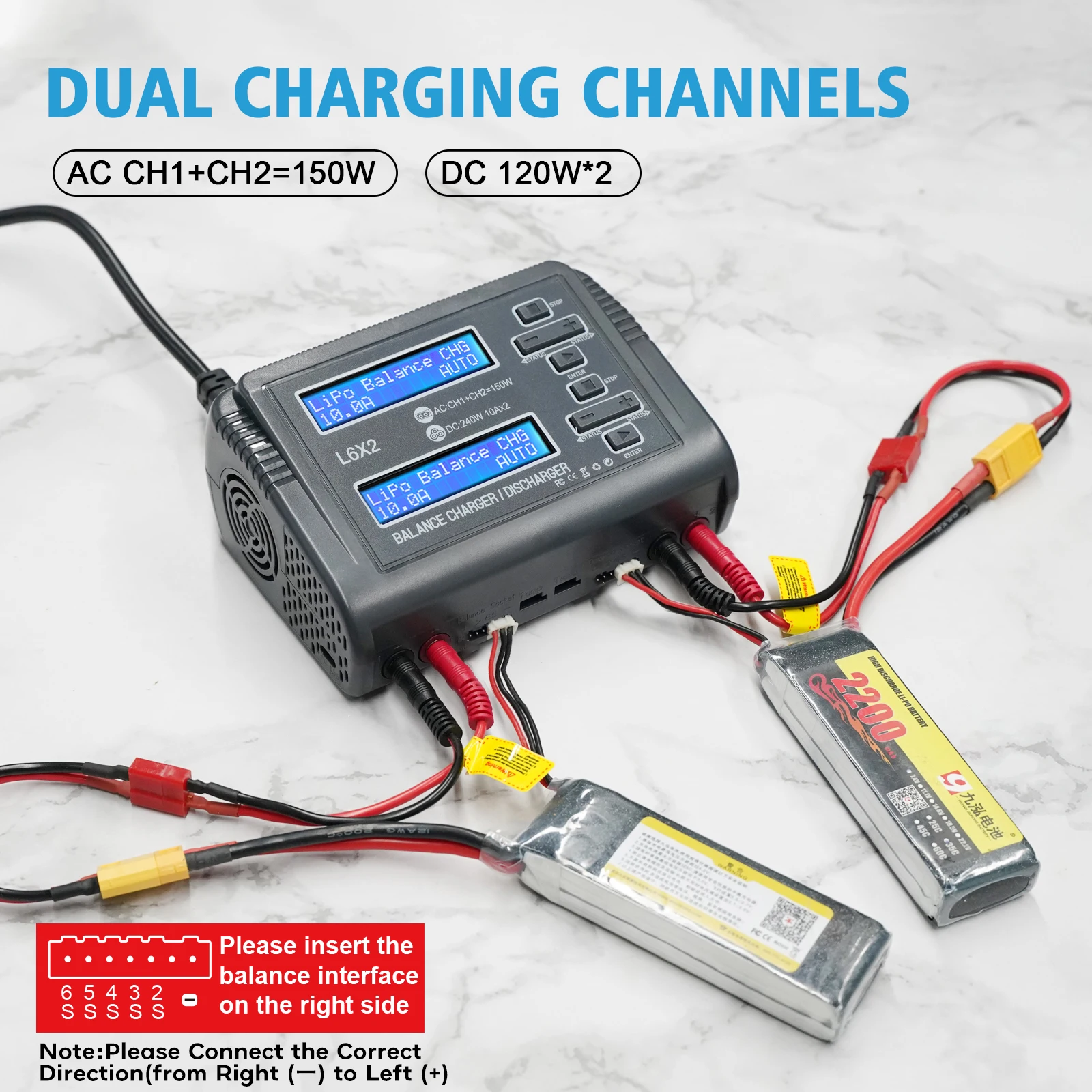 Nabíječka L6 DUO LiPo baterií AC 150W DC 240W 10A dvoukanálová DC RC vybíječka pro LiPo, LiHV, LiFe, Li-Lon, NiCd, NiMh, PB baterie - náhled 4