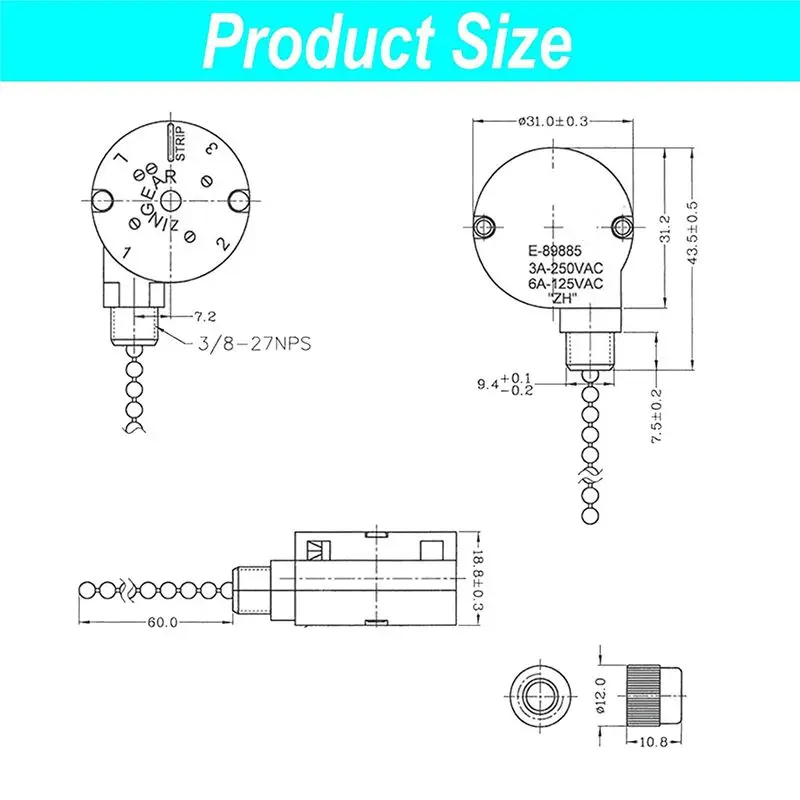 DT39 4PCS ZingEar ZE-208S E89885 Ceiling Fan Switch 3 Speed 4 Wire Pull Chain Light Switch Bronze