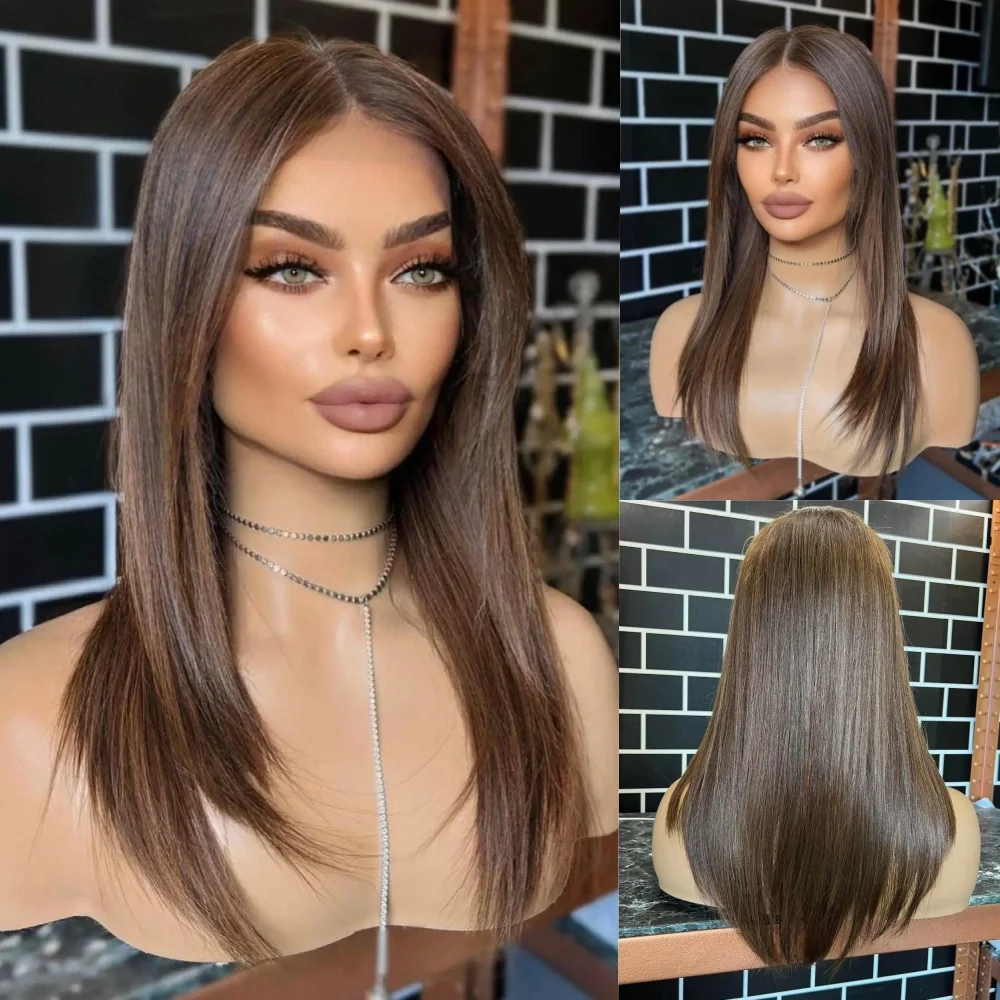 

Синтетический парик средней длины 13×4, прямой, темно-коричневый, с эффектом «волны», с разрезом по центру, шелковистый, многослойный, термостойкий