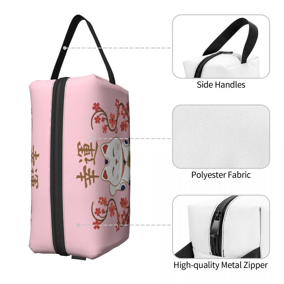 Bolsa de cosméticos personalizada Maneki Neko Cat con buena suerte Kanji para mujer, estuche de maquillaje Kawaii de gran capacidad, bolsas de aseo de almacenamiento de belleza